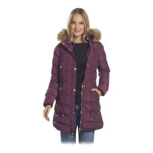 Celsius Women’s Long Puffer Coat Jacket Size Large Burgundy Faux Fur Hood NWT